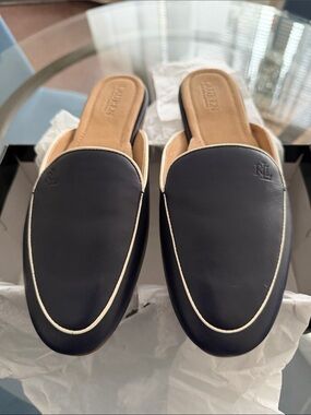 Lauren Ralph Lauren Navy Leather Slip-On Mule with Cream Trim